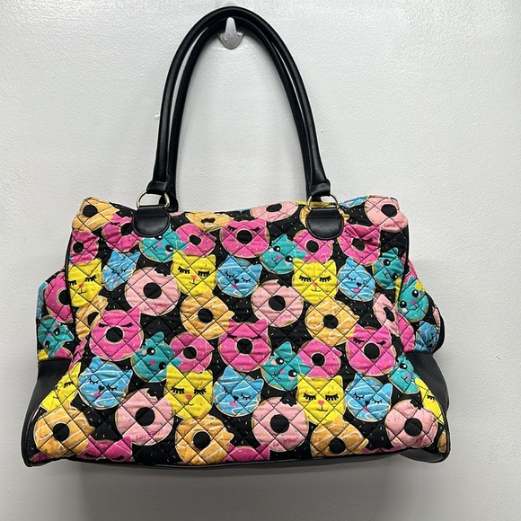 Luv Betsey Johnson Weekender Tote Bag Large Quilted Donuts Kitty Cats Black - Picture 4 of 11